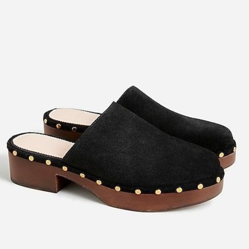 New! J. crew Dakota clogs in suede Size 5 black studded wood sole